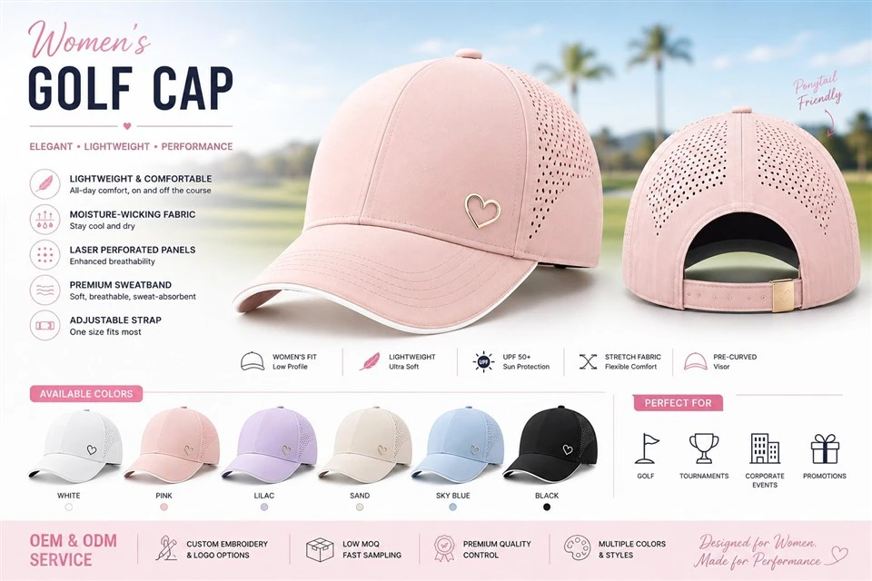 Casquette de golf queue de cheval personnalisée pour femmes|Fabricant OEM de chapeaux de sport de performance respirants
